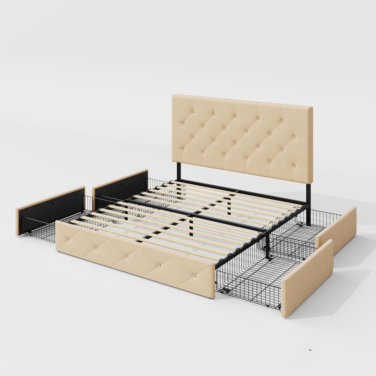 Allewie Upholstered Queen Size Platform Bed Frame with 4 Storage Drawers and Headboard, Diamond Stitched Button Tufted, Mattress Foundation with Wooden Slats Support, No Box Spring Needed, Beige