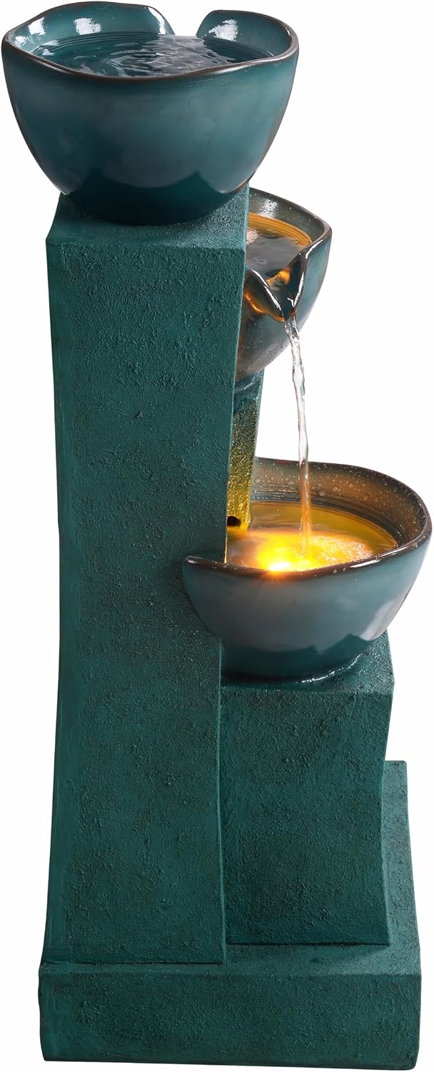 Teamson Home 28.54 in. 3-Tier Cascading Outdoor Water Fountain with LED Lights for Gardens, Landscaping, Patios, Balconies, Lawns, Green