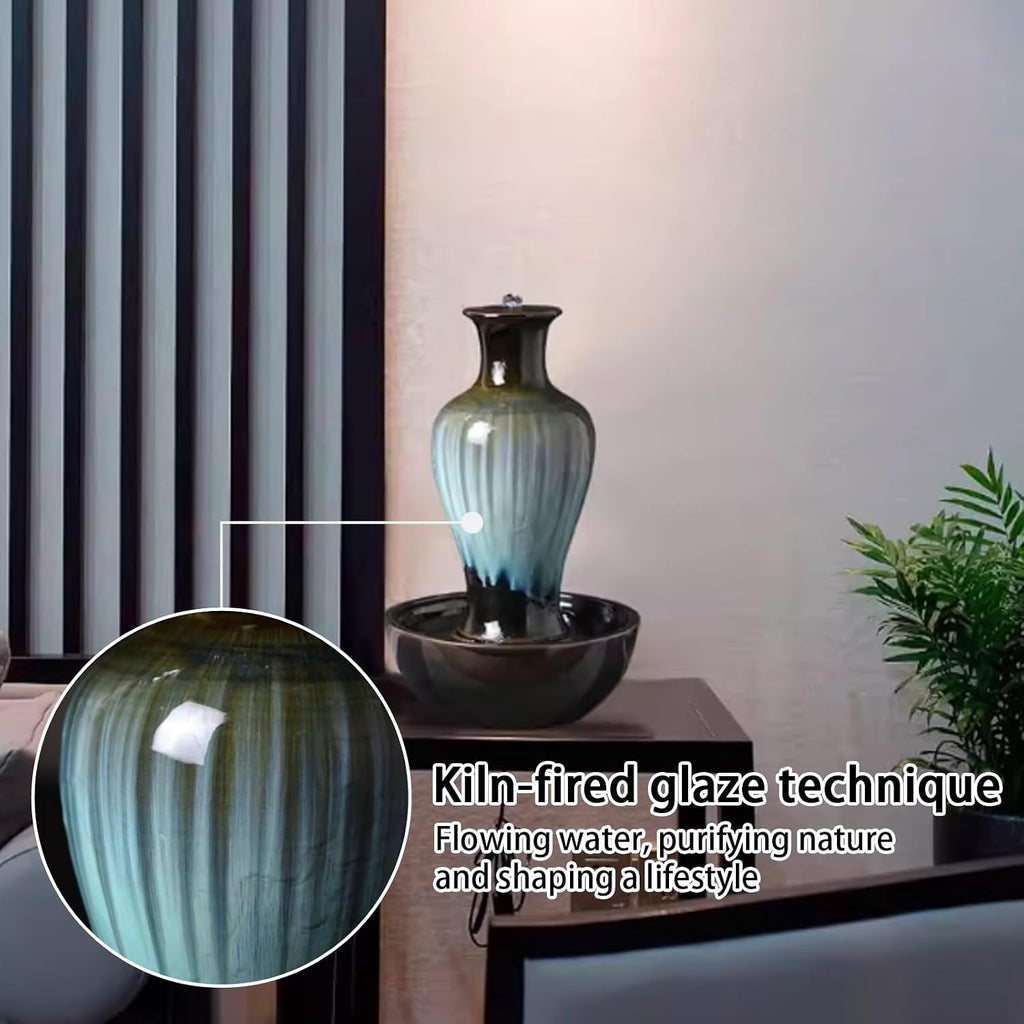 Tabletop Water Fountain, Zen Relaxation, Ceramic Material, Vase Shape, Indoor Waterfall, Meditation, for Home Office Bedroom Living Room Desktop Decor(Green,11 * 11 * 15.7IN)