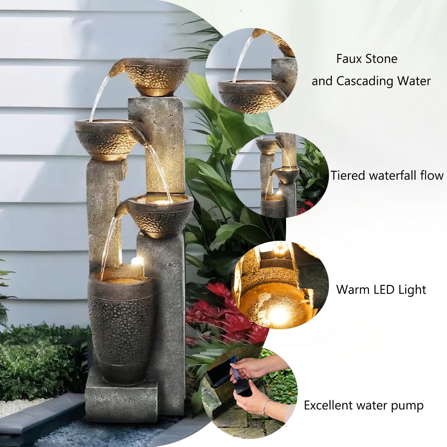 Hamiedun 40''H Water Fountain Outdoor Decor, 4-Tier Crocks Fountains for Outsides with LED Lights, Indoor Waterfalls Fountain for Garden, Patio, Deck, Porch, Backyard and Home Art Decor (40inch)