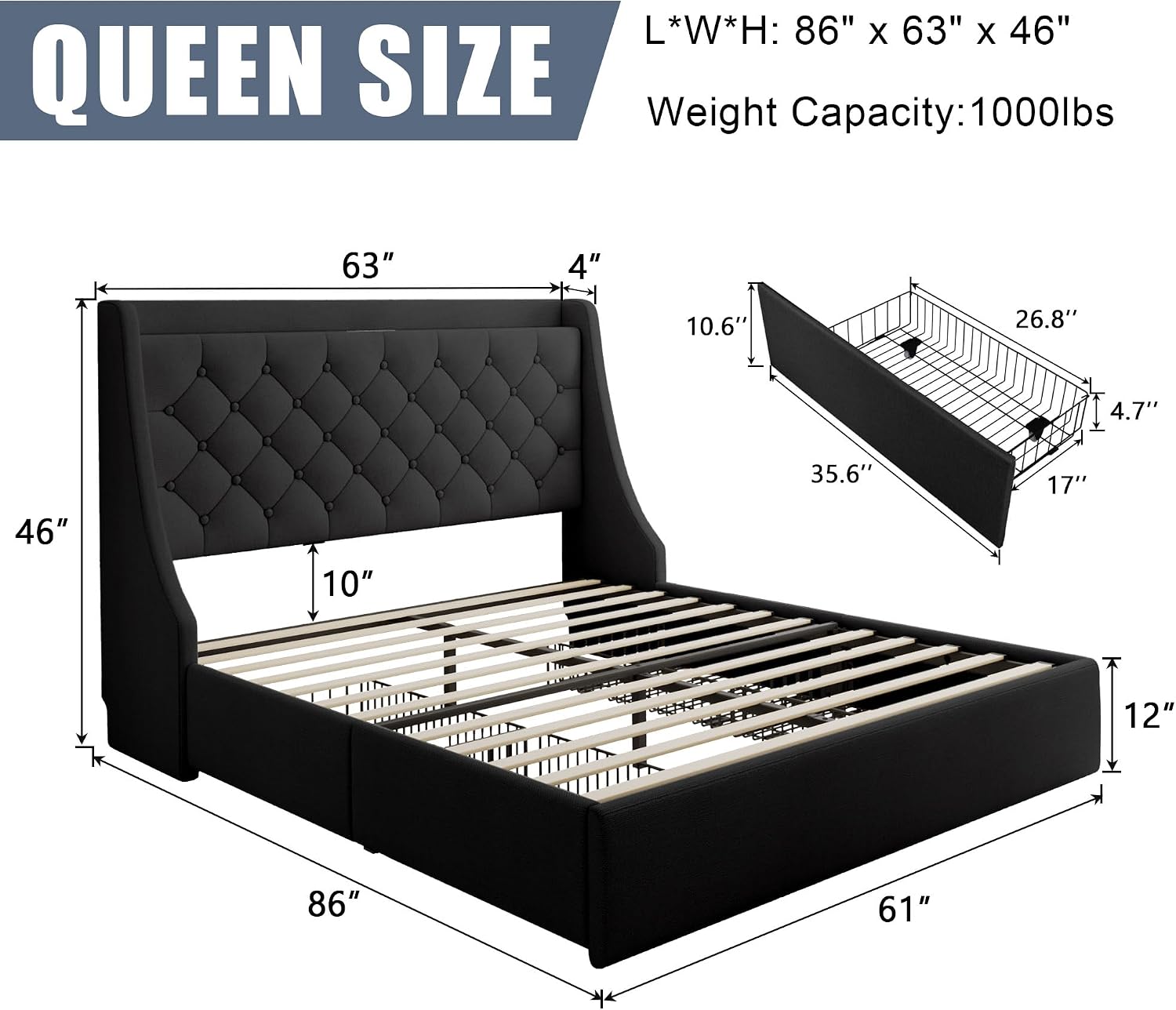 Queen Size Upholstered Platform Bed Frame with 4 Storage Drawers and Charging Station, Linen Button Tufted Wingback Headboard, Sturdy Wooden Support Slats, No Box Spring Needed, Black