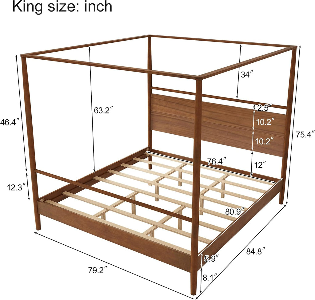 King Size Canopy Bed Frame with Headboard, Four-Poster Wood Platform Bed, No Box Spring Needed (King)