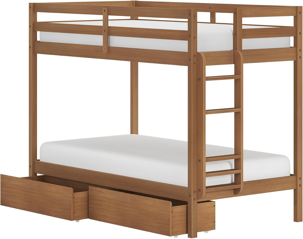 Grain & Grove Bear Twin Over Twin Bunk Bed with Storage Drawers, Sturdy Bunk Bed Frame for Kids, Plywood Bunk with Ladder, Guardrail, and Slats, No Box Spring Required, Oak Embossed Pecan