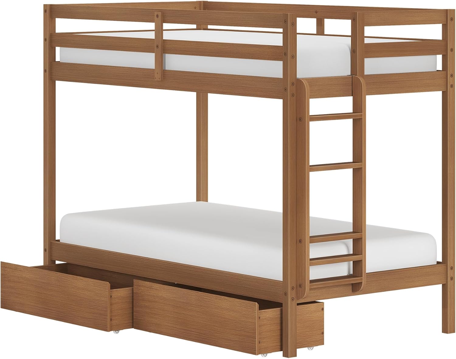 Grain & Grove Bear Twin Over Twin Bunk Bed with Storage Drawers, Sturdy Bunk Bed Frame for Kids, Plywood Bunk with Ladder, Guardrail, and Slats, No Box Spring Required, Oak Embossed Pecan