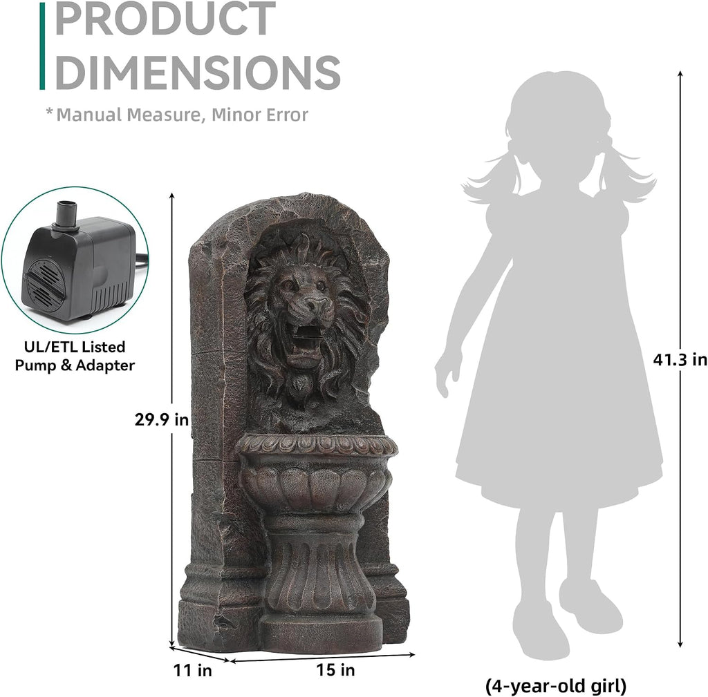 30' Majestic Lion Head Outdoor Water Fountain, Rustic Stone Pedestal Cascading Water Feature with Warm LED Lights, Tranquil Oasis for Outside Garden Patio Yard Decor