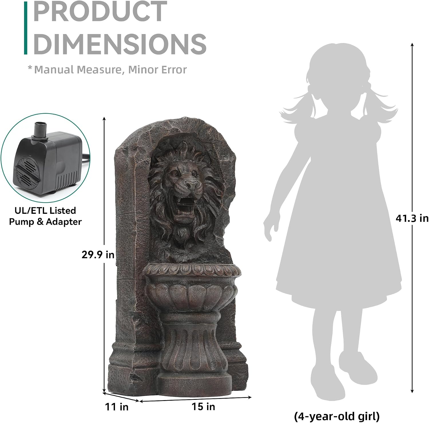 30' Majestic Lion Head Outdoor Water Fountain, Rustic Stone Pedestal Cascading Water Feature with Warm LED Lights, Tranquil Oasis for Outside Garden Patio Yard Decor