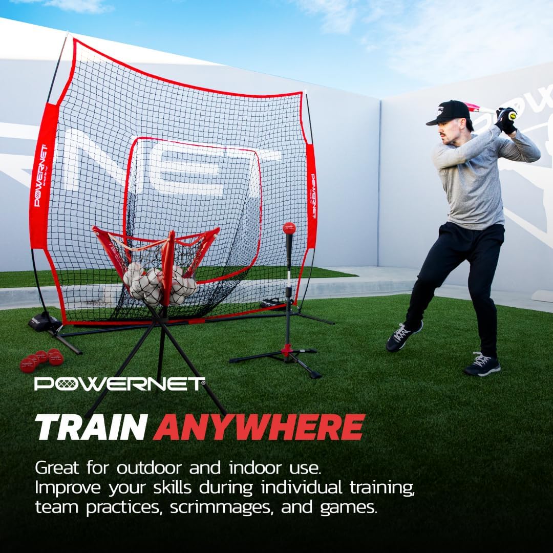 PowerNet Baseball Softball Practice Net 7x7 with Baseball Accessories for Practice Pitching, Batting & Fielding, Ball Caddy, Weighted Baseballs, Tee