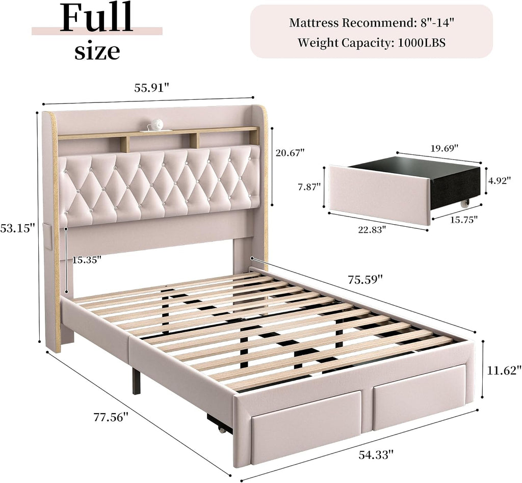 SIBEDS Full LED Bed Frame with Storage Drawers, Velvet Upholstered Platform Beds with Galaxy Star Projector Charging Station Speaker, Aurora Bedframe with 2-Tier Storage Headboard, Noise-Free, Pink