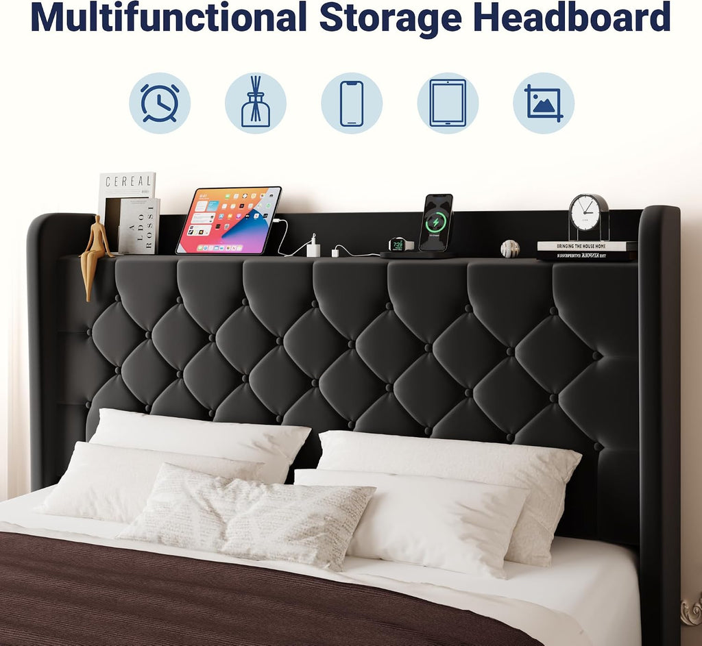 Allewie Queen Size Bed Frame, Storage Headboard with Charging Station, Wingback Velvet Upholstered, Diamond Stitched Button Tufted, Sturdy Wooden Slats, No Box Spring Needed, Easy Assembly, Black