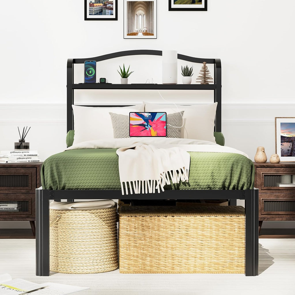 Twin XL Bed Frames with Headboard Metal Mattress Foundation 18 Inch Tall Bed Frame No Box Spring Needed Black Platform Bed Frame with Charging Station (18 Inch-A1, Twin XL)