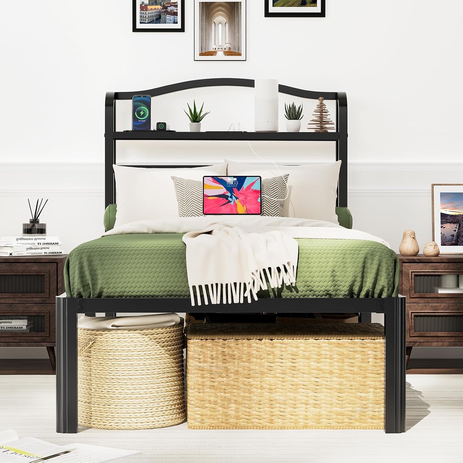 Twin XL Bed Frames with Headboard Metal Mattress Foundation 18 Inch Tall Bed Frame No Box Spring Needed Black Platform Bed Frame with Charging Station (18 Inch-A1, Twin XL)