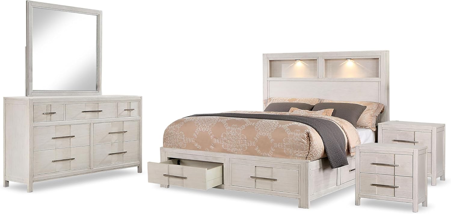 Furniture of America Echo Solid Wood 5-Piece Bedroom Set, Queen Size Platform Bed with Drawers and LED Lighting, Felt-Lined Top Storage, No Box Spring Required, White