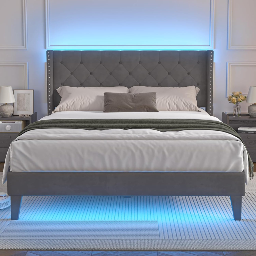 Lihimte Full Size Bed Frame with Led Lights, Upholstered Velvet Platform Bed Frames with Button Tufted Wingback Headboard and Footboard, Wooden Slats Support, No Box Spring Needed, Dark Grey