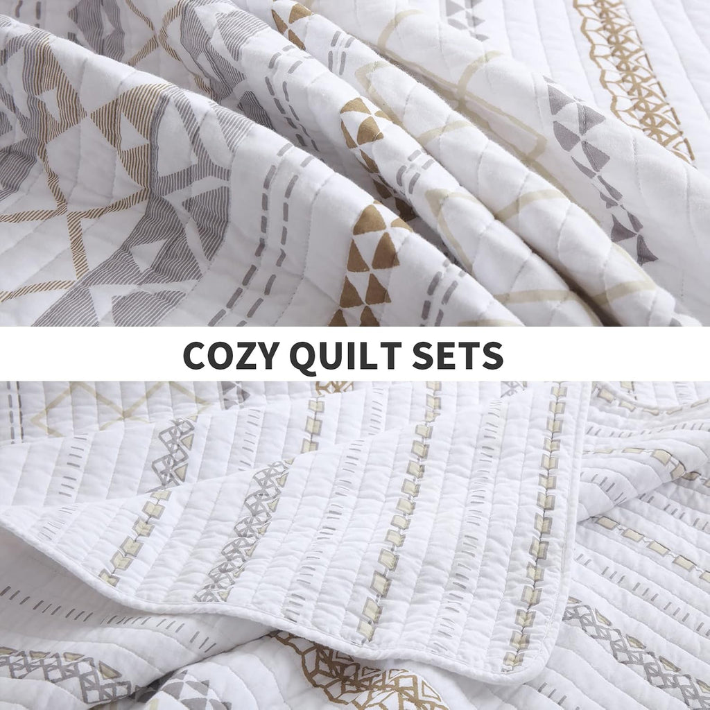 PERHOM Cotton Quilt King Size - 3 Pieces 100% Cotton Boho Striped Lightweight Soft Beige Gray White King Quilt Set with 2 Shams, Bohemian Pattern King Bedspread/Coverlet/Bedding Set for All Seasons