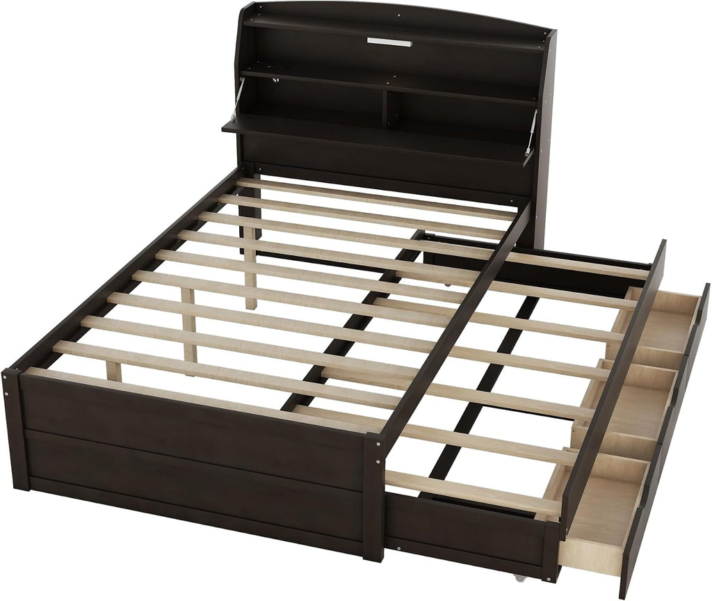 VilroCaz Modern Multi-Function Full Size Platform Bed with Trundle and 3 Drawers, Wood Captain Platform Bed Frame with Storage Headboard and Night Light, Maximized Space (Brown-H1, Full)