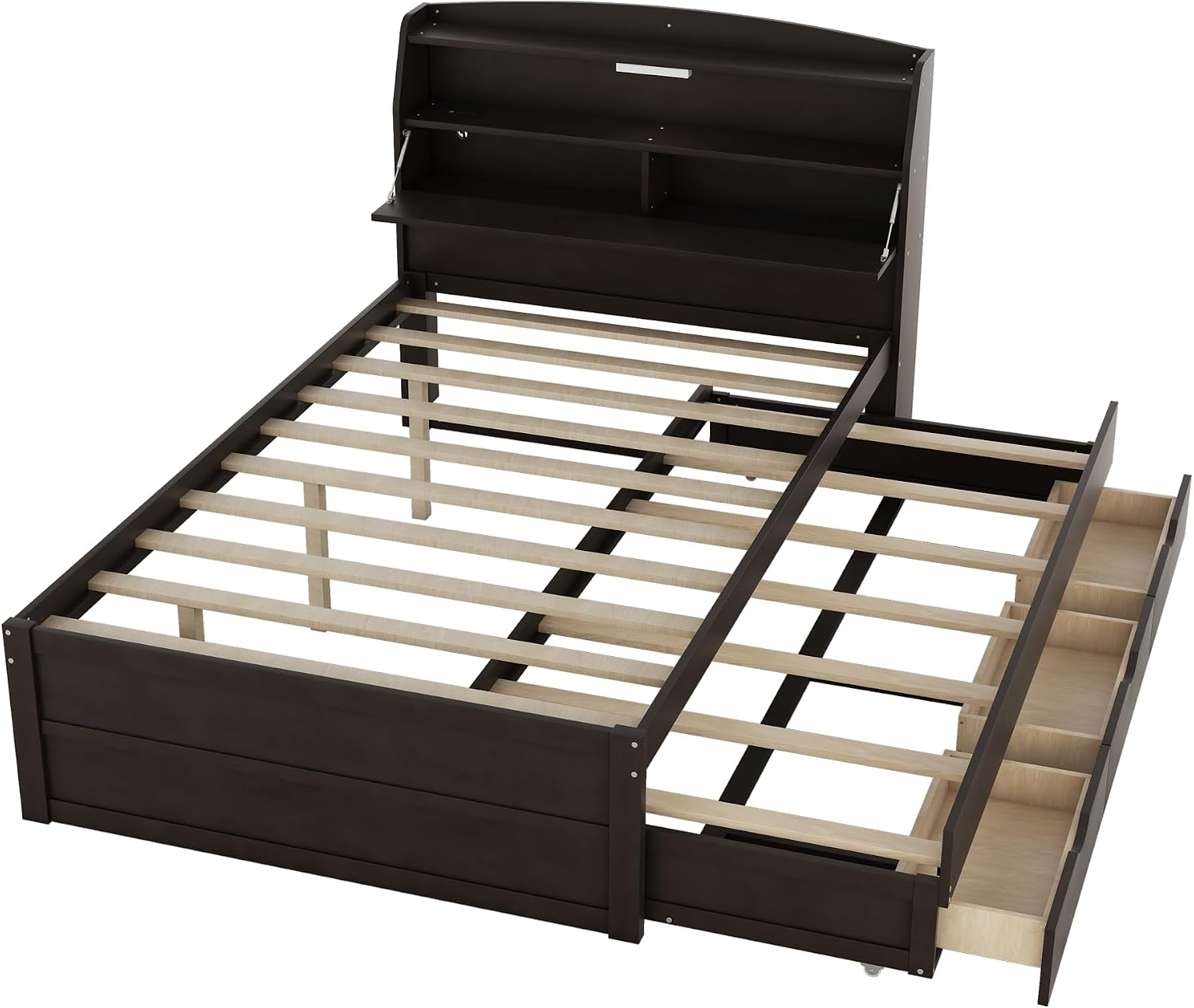 VilroCaz Modern Multi-Function Full Size Platform Bed with Trundle and 3 Drawers, Wood Captain Platform Bed Frame with Storage Headboard and Night Light, Maximized Space (Brown-H1, Full)