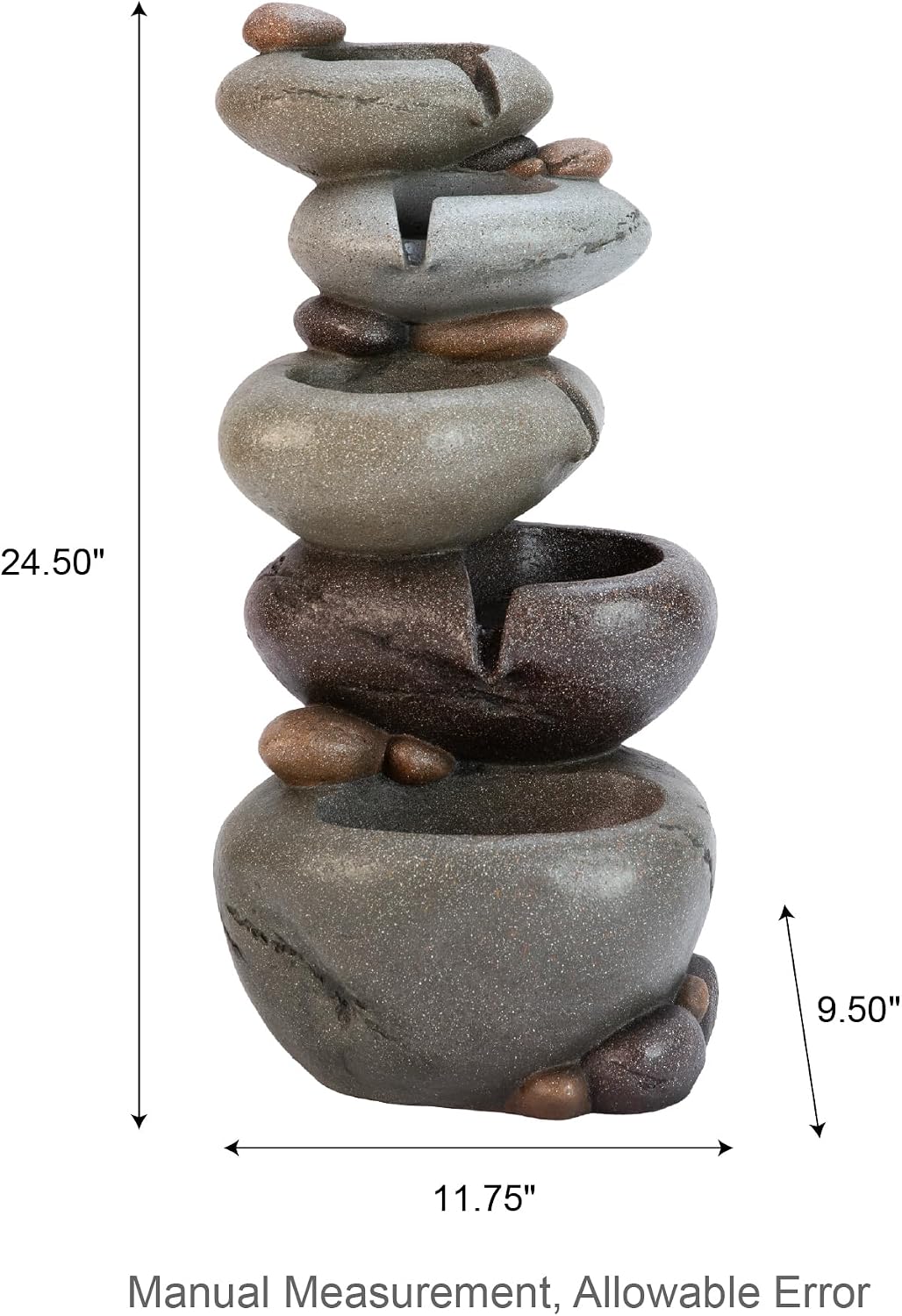 Glitzhome Water Fountain Outdoor, 5-Tiered Stacked Pebbles Outdoor Fountain with LED Lights and Pump, 24.5' H Zen Style Polyresin Waterfall Fountain Water Feature for Garden, Yard, Patio, Porch Decor