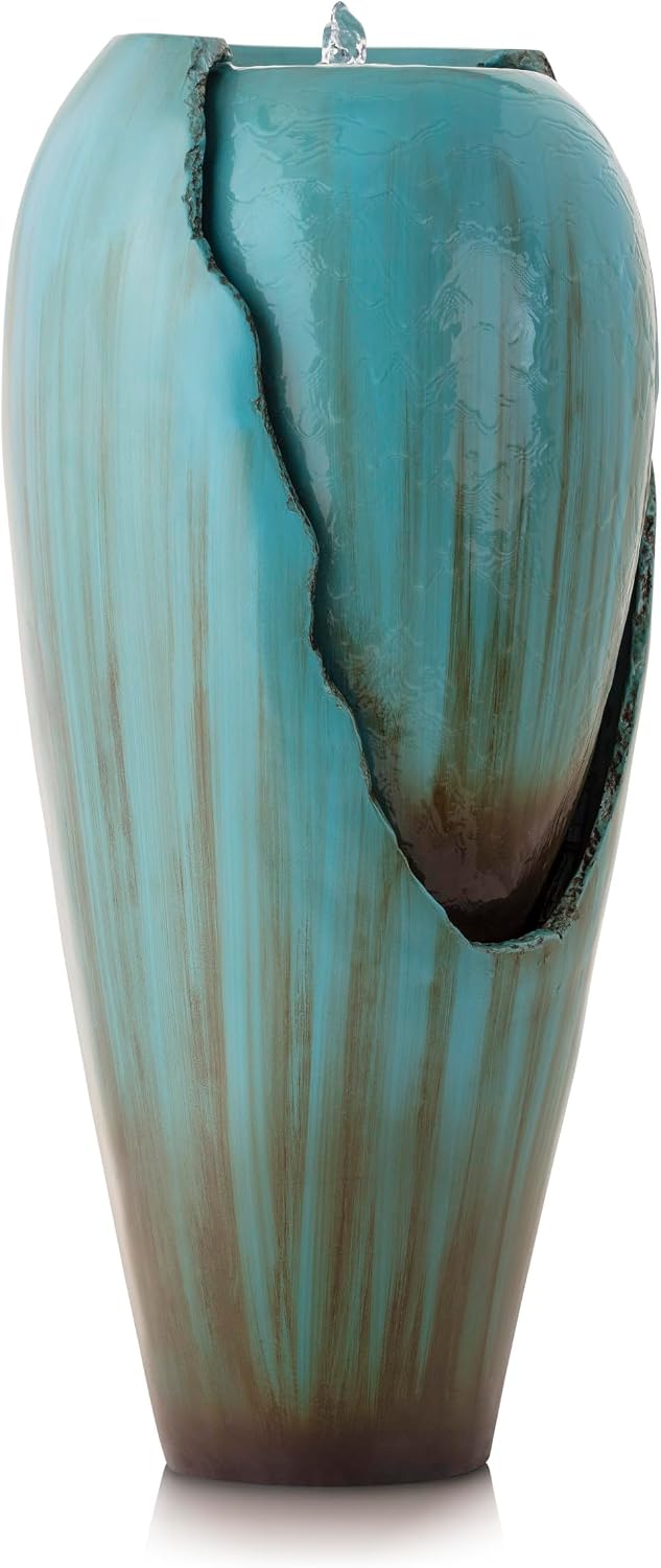 Alpine Corporation 33' Tall Outdoor Antique Jar Water Fountain, Vintage Cascading Design with LED Lights, Garden, Patio & Yard Decor, Turquoise