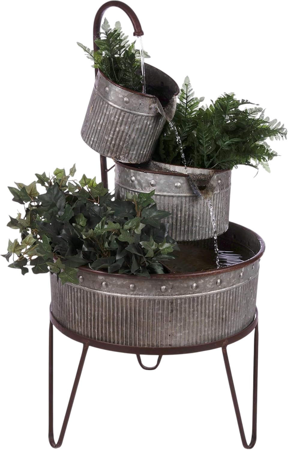 Alpine Corporation YHL684 33' Outdoor Floor 3-Tier Vintage Tubs and Planters Fountain, Rustic Metal Cascading Waterfall Feature for Gardens, Patios, and Yards, Silver