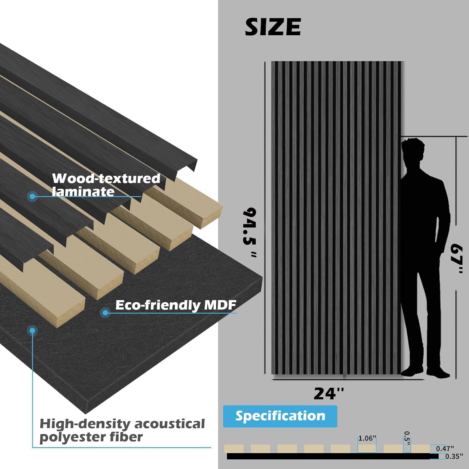 Art3d 2-Pack 94.5' x 24' Acoustic Wood Panels for Wall, 31 sq.ft Soundproof Wood Slat Panels, 3D Fluted Sound Absorbing Paneling for Interior Wall Decor, Living Room, Bedroom - Blackwood