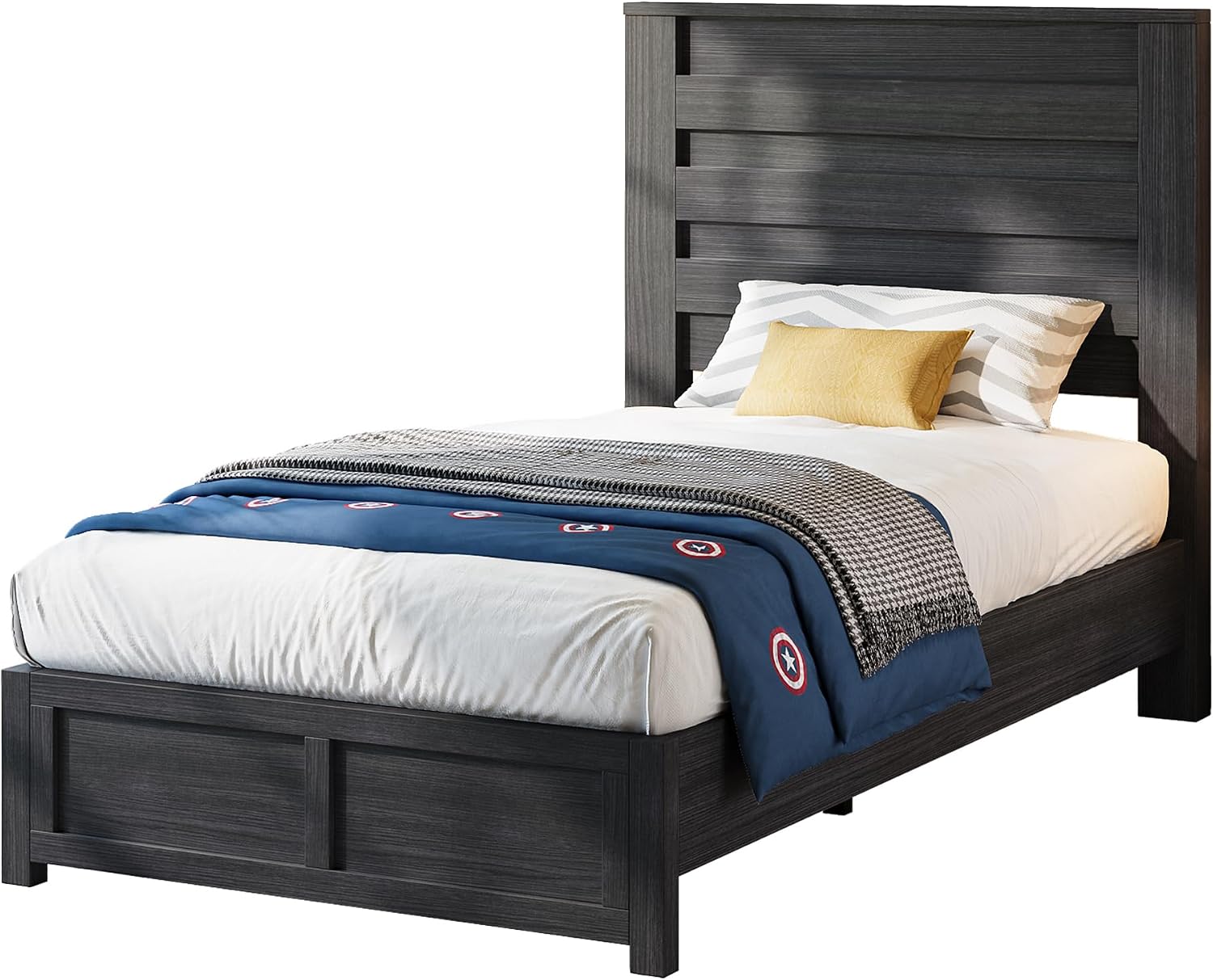 Albott Farmhouse Twin Platform Bed with 49' Fluted Headboard, Wood Bed Frame with Natural Grain Finish, No Box Spring Needed, Noise-Free, Black