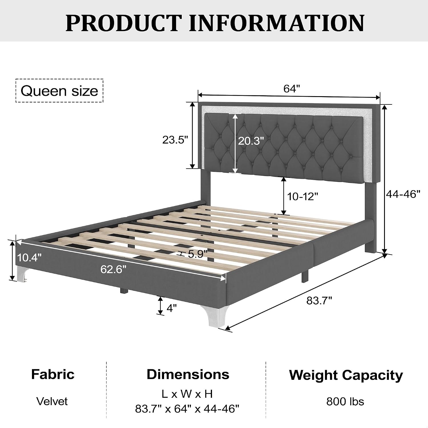 GDFStudio Homay 3-Piece Bedroom Sets, Queen Size Upholstered Platform Bed with Two Nightstands, Upholstered Velvet Bed Frame, Adjustable Headboard, Slat Support, No Spring Box Needed, 44-46'' H, Gray