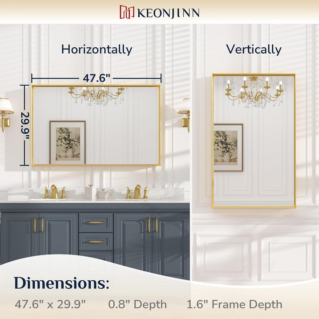 Keonjinn Gold Bathroom Mirror 48 x 30 Inch, Large Gold Trimmed Wall Mirror, Metal Framed Mirrors for Over Sink, Modern Farmhouse Rectangle Vanity Mirrors(Horizontal/Vertical)