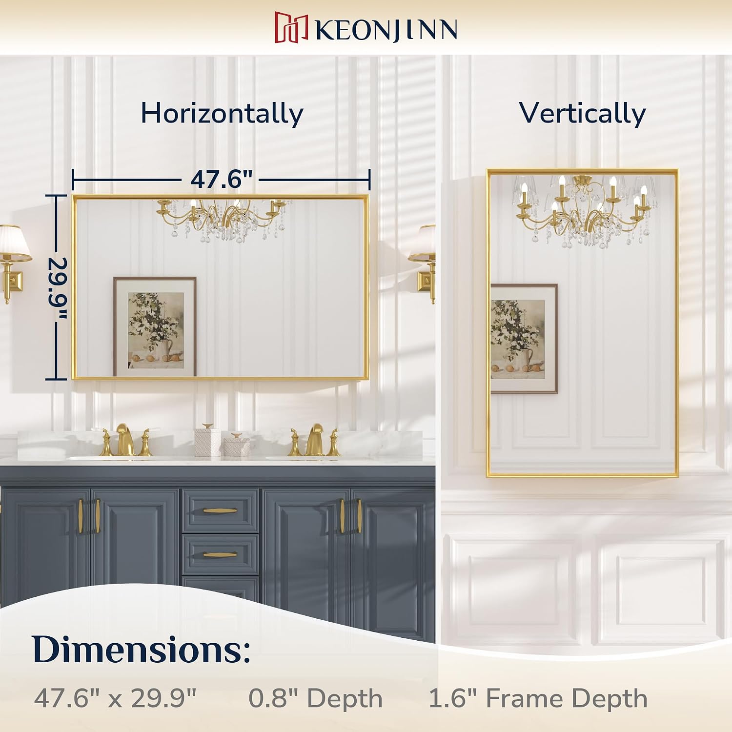 Keonjinn Gold Bathroom Mirror 48 x 30 Inch, Large Gold Trimmed Wall Mirror, Metal Framed Mirrors for Over Sink, Modern Farmhouse Rectangle Vanity Mirrors(Horizontal/Vertical)