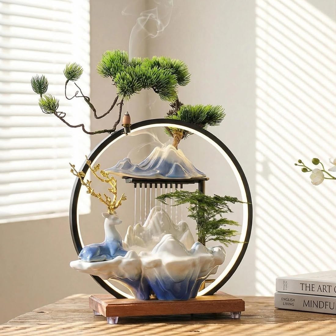 Tabletop Water Fountain Ceramic Deer Statue - Backflow Incense Holder with Adjustable USB LED Light Ring, Quiet Mini Indoor Waterfall Water Feature for Home Office Meditation Zen Relaxation Gift