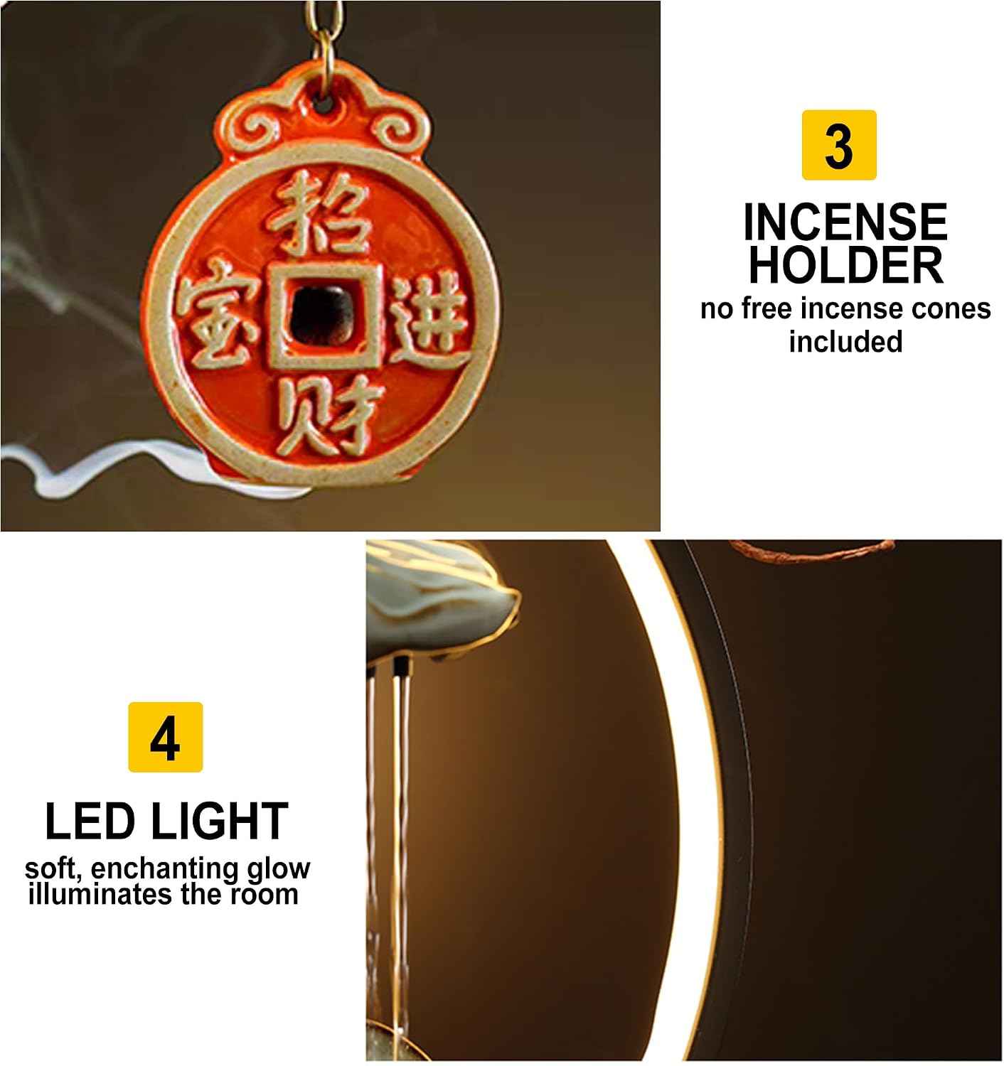 Peacock Tabletop Indoor Waterfall Fountain, Incense Burner, Feng Shui Decor for Good Luck Wealth, Ceramic Fountain with LED Light Zen Decor for Meditation and Relaxation