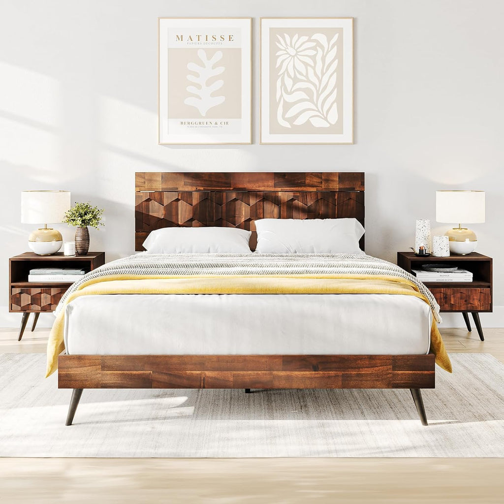 Bme Georgina Queen Bed Frame and Headboard, Signature Handcrafted Geometric Design, US Patent Pending Design, Solid Wood, No Box Spring Needed, 12 Strong Wood Slats Support, Easy Assembly, Dark Choco