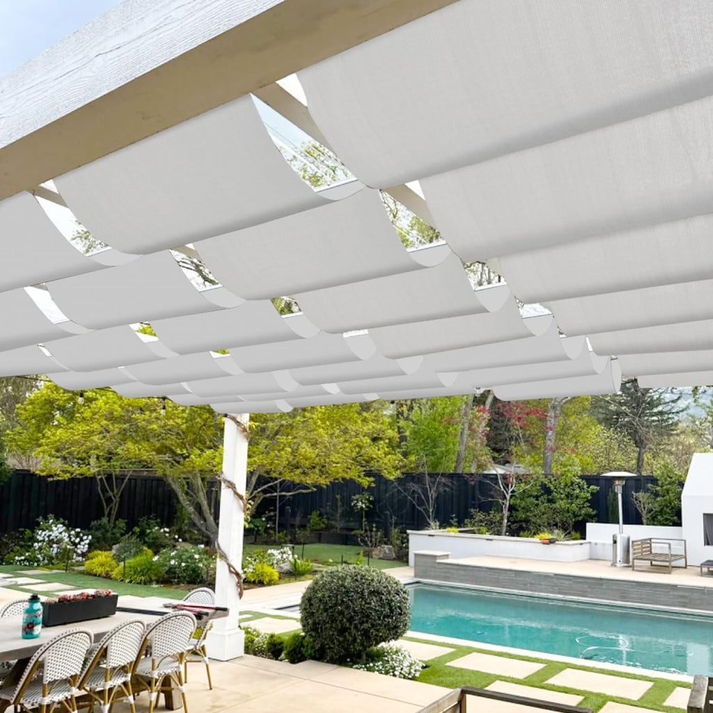 TANG 4' x 16' Waterproof Pergola Shade Cover Retractable Sun Shades Outdoor Patio Pergolas Canopy Replacement Pergola Kit, Wave Shade Sail with Hardware Wire Cable, Light Grey
