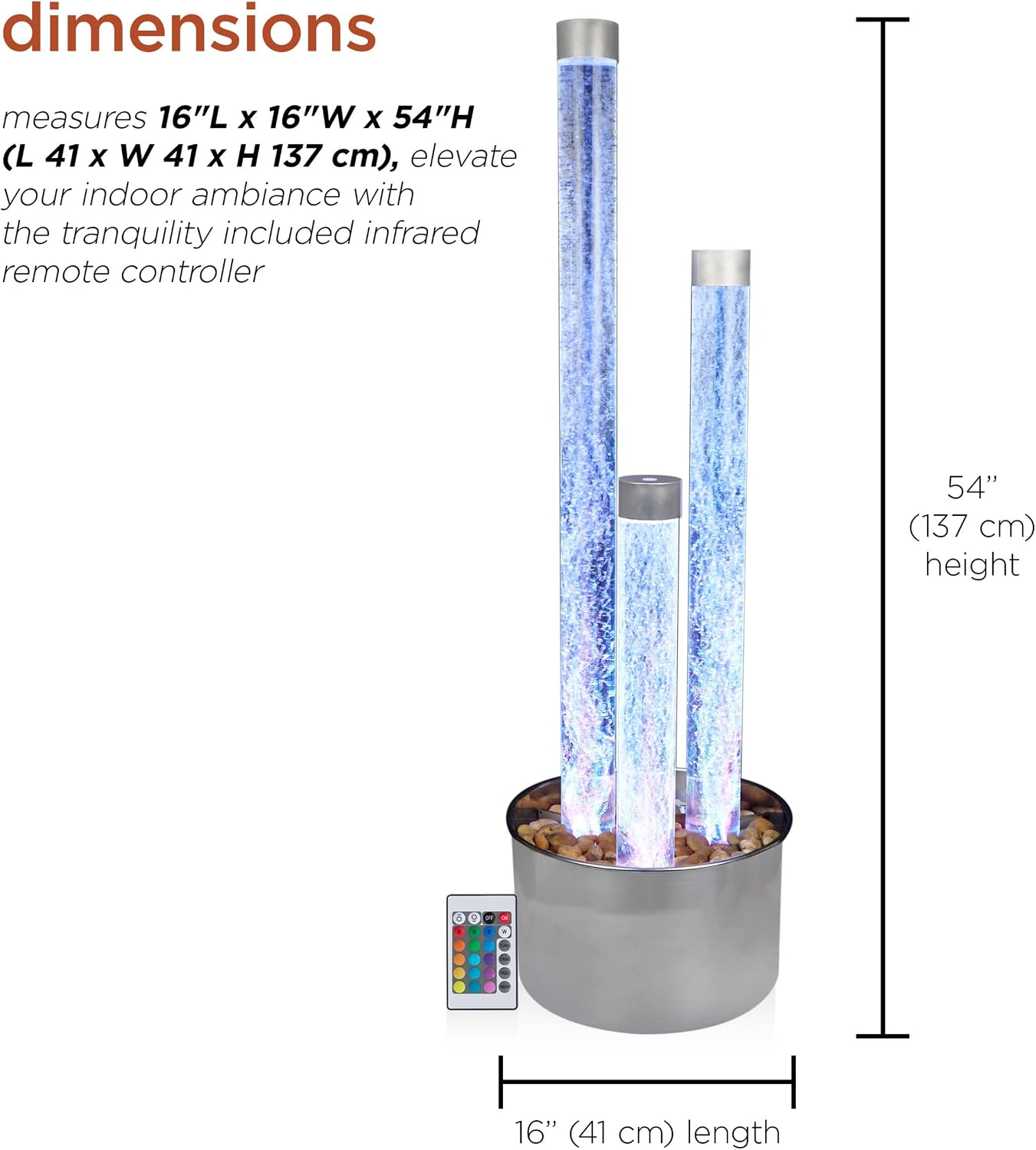 Alpine Corporation 54' Tall 3 Tier Indoor and Outdoor Water Acrylic Bubble Fountain for Home, Office, and Patio Decor, with Remote and 16 Color LED Lights, Silver Base
