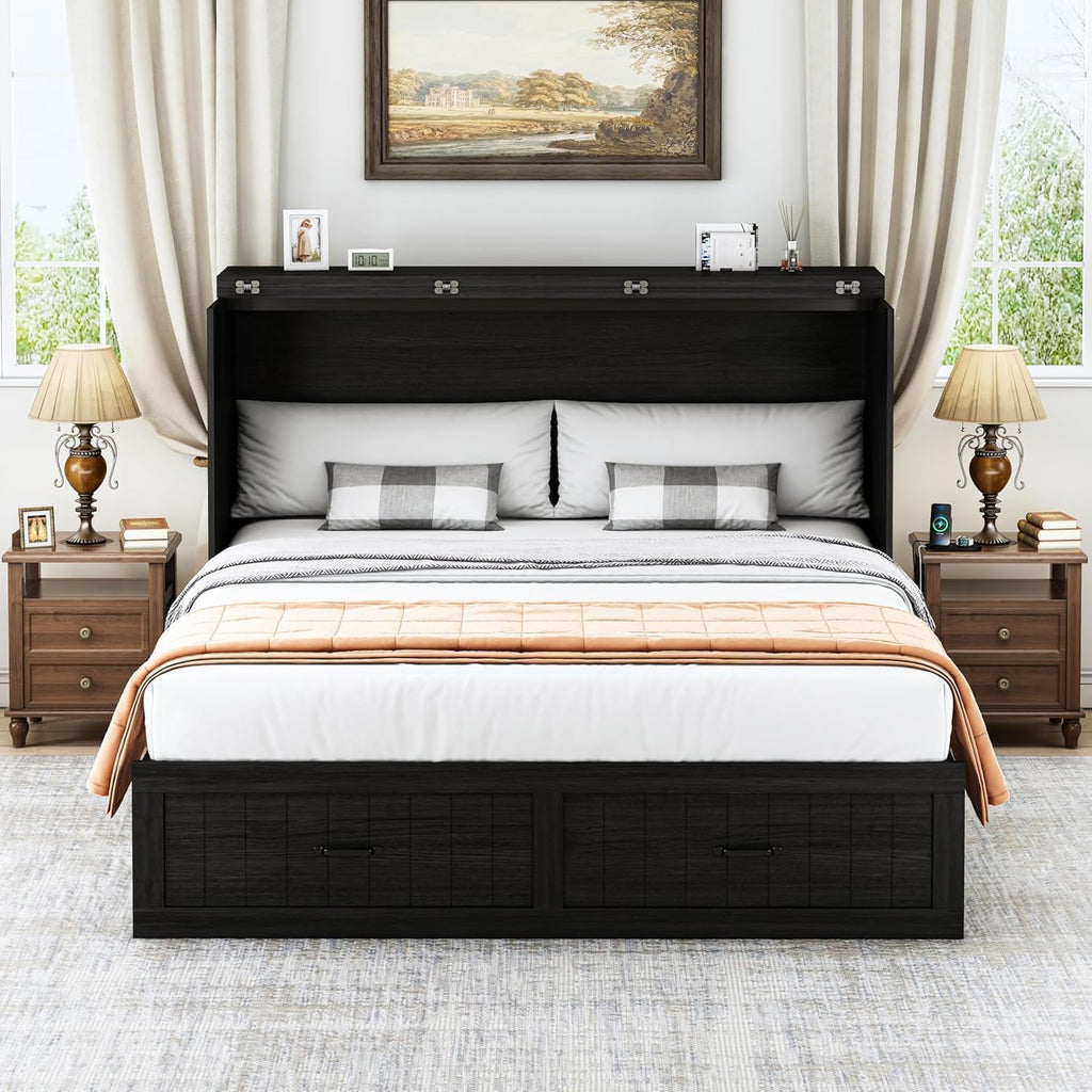 Queen Size Murphy Bed with Charging Station and Large Drawer, Farmhouse Cabinet Bed with Storage, Multifunctional Wood Hidden Folding Bed Frame for Bedroom, Black