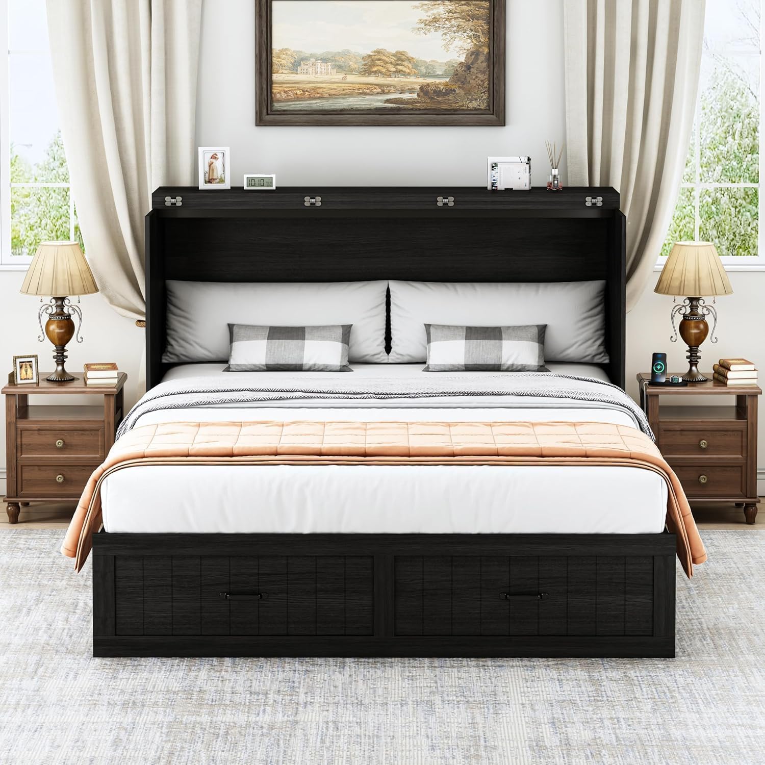 Queen Size Murphy Bed with Charging Station and Large Drawer, Farmhouse Cabinet Bed with Storage, Multifunctional Wood Hidden Folding Bed Frame for Bedroom, Black