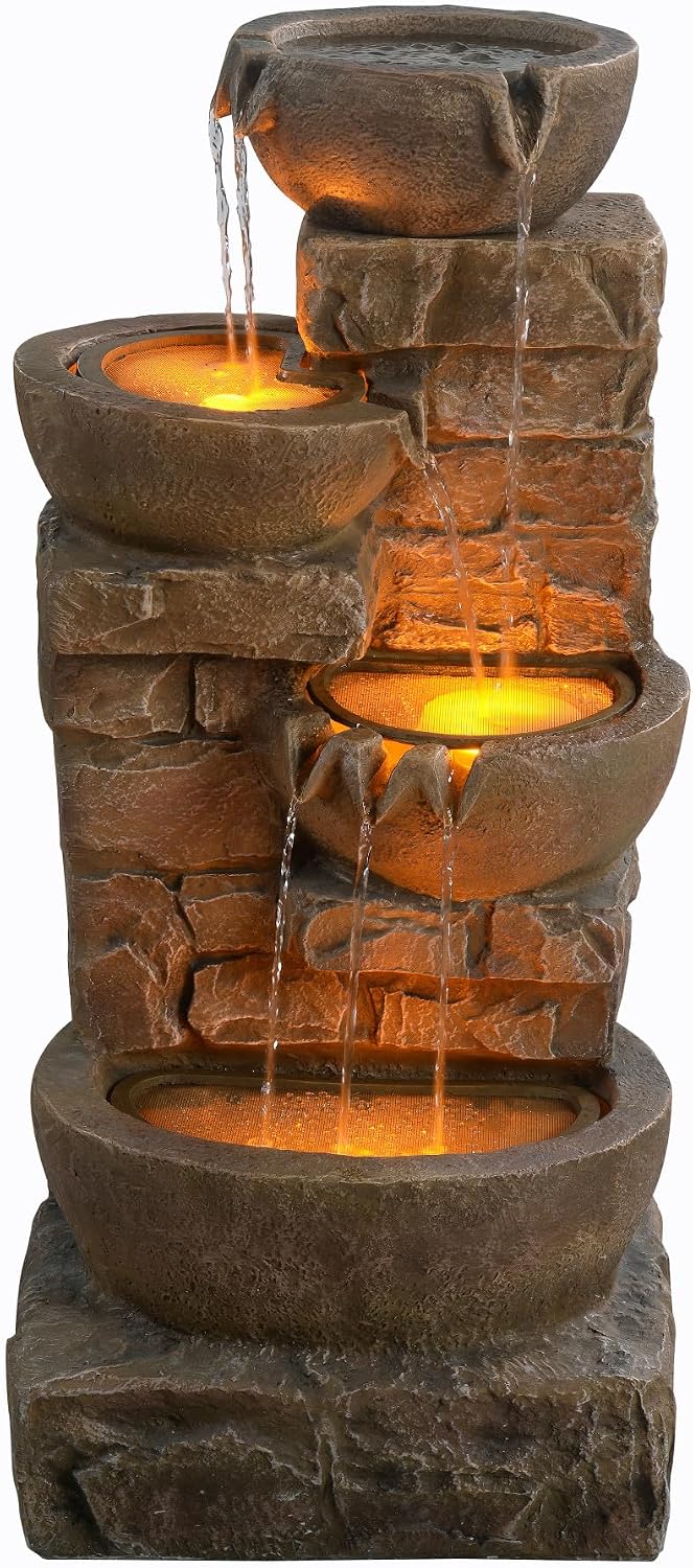 Teamson Home 33.27' Cascading Bowls & Stacked Stones LED Water Fountain for Outdoor Living Spaces, Brown