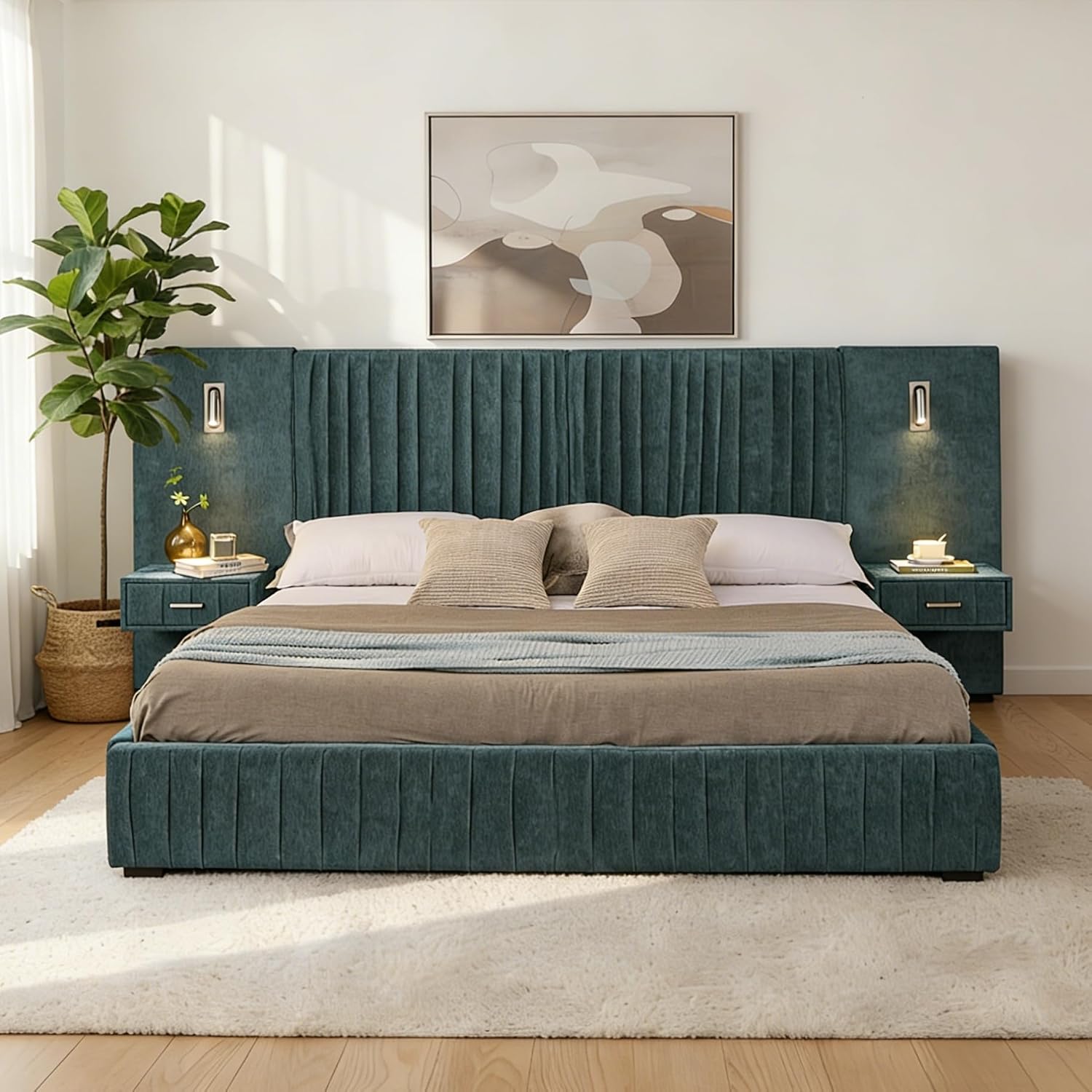 KEIKI Queen Size Chenille Bed Frame with 2 Nightstands, Lamps & Oversize Headboard, Solid Wood Frame Platform Night Stand Bedroom Set, Upholstered Floor Grounded Bed, No Box Spring Needed, Blue Green