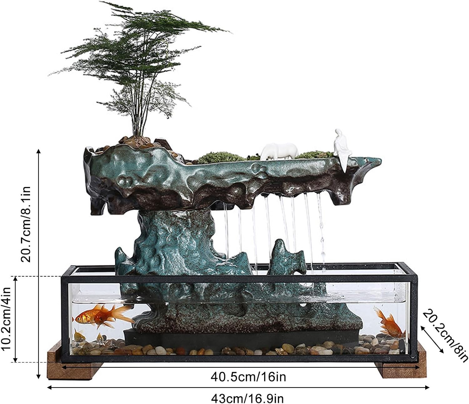Desktop Rockery Waterfall Fountain with Rockery, Aquariums and Stones for Living Room Office Decorate, Ceramic (Tank Size: 16L x 8W x 4H Inch)