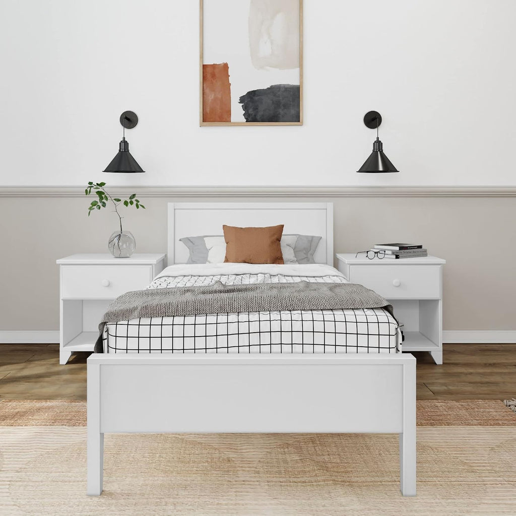 Plank+Beam Solid Wood Twin Bed Frame with Panel Headboard, Modern Twin Platform Bed with Wood Slat Support, No Box Spring Needed, White