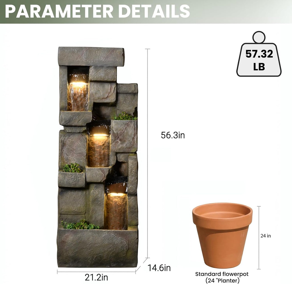 Tall Water Wall Fountain Outdoor with LED Lights, 56.3' Large Resin Cascading Waterfall Feature with Planter Design for Garden Patio Backyard Décor, Large Outdoor Fountain