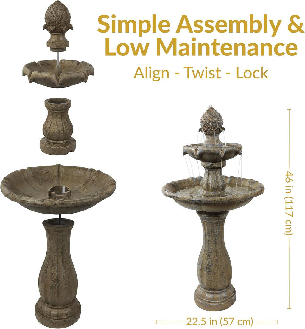 Sunnydaze Pineapple 46-Inch 2-Tier Outdoor Solar Fountain - Decorative Water Fountain with Pump for Garden, Patio, Yard or Balcony - Earth Finish