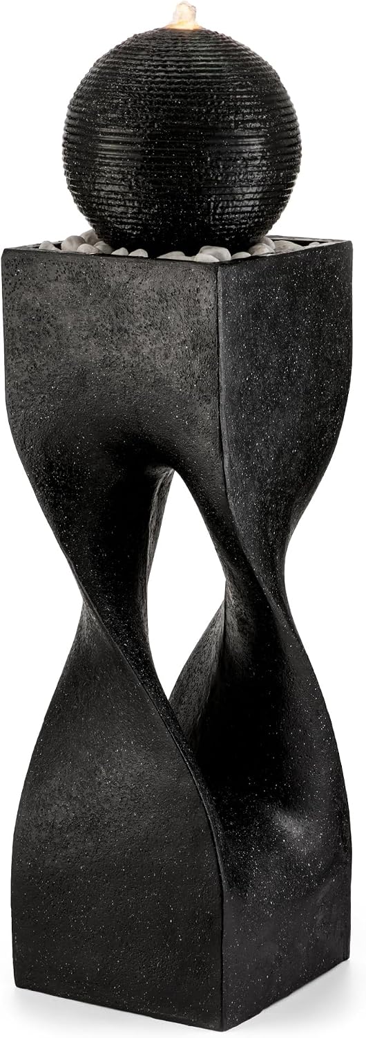 Glitzhome Water Fountain Outdoor, Outdoor Fountain with Lights, 40.5' H Modern Large Geometric Pedestal and Sphere Polyresin Outdoor Water Feature with Pump for Garden, Patio, Backyard, Porch (Black)