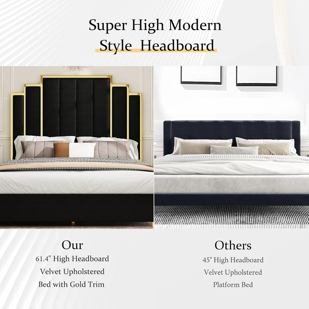 Albott Queen Size Platform Bed Frame, 61.4' Velvet Upholstered Bed with Gold Trim Headboard/Wooden Slats/No Box Spring Needed/Black