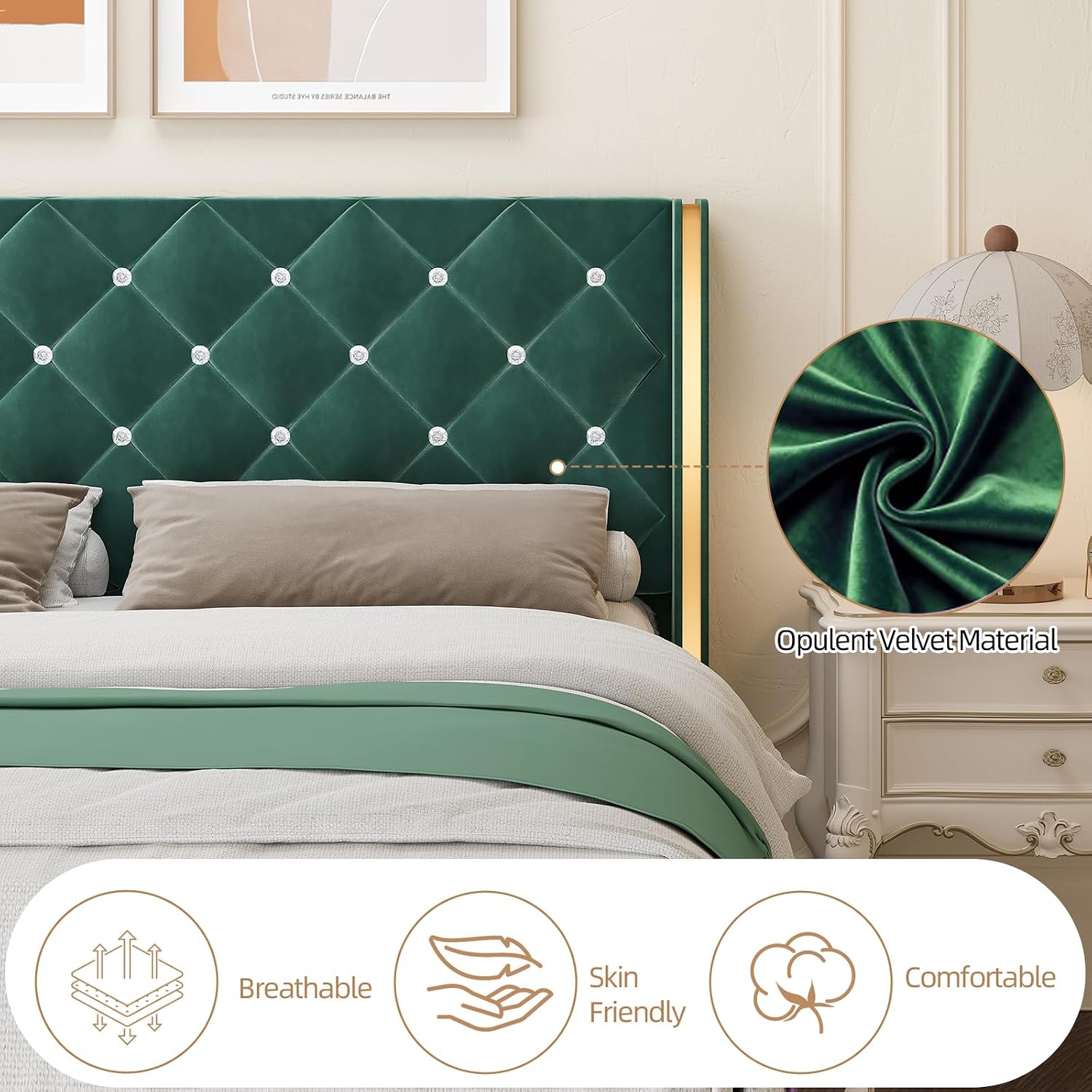 HOMBCK Queen Size Bed Frame, Velvet Upholstered Bed Frame with Wingback and Diamond Headboard, Wood Slat Support, No Box Spring Needed, Easy Assembly, Green