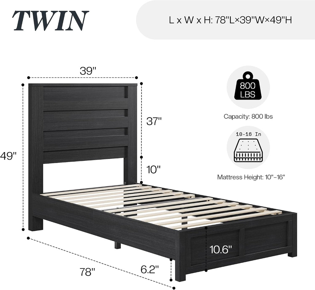 Albott Farmhouse Twin Platform Bed with 49' Fluted Headboard, Wood Bed Frame with Natural Grain Finish, No Box Spring Needed, Noise-Free, Black
