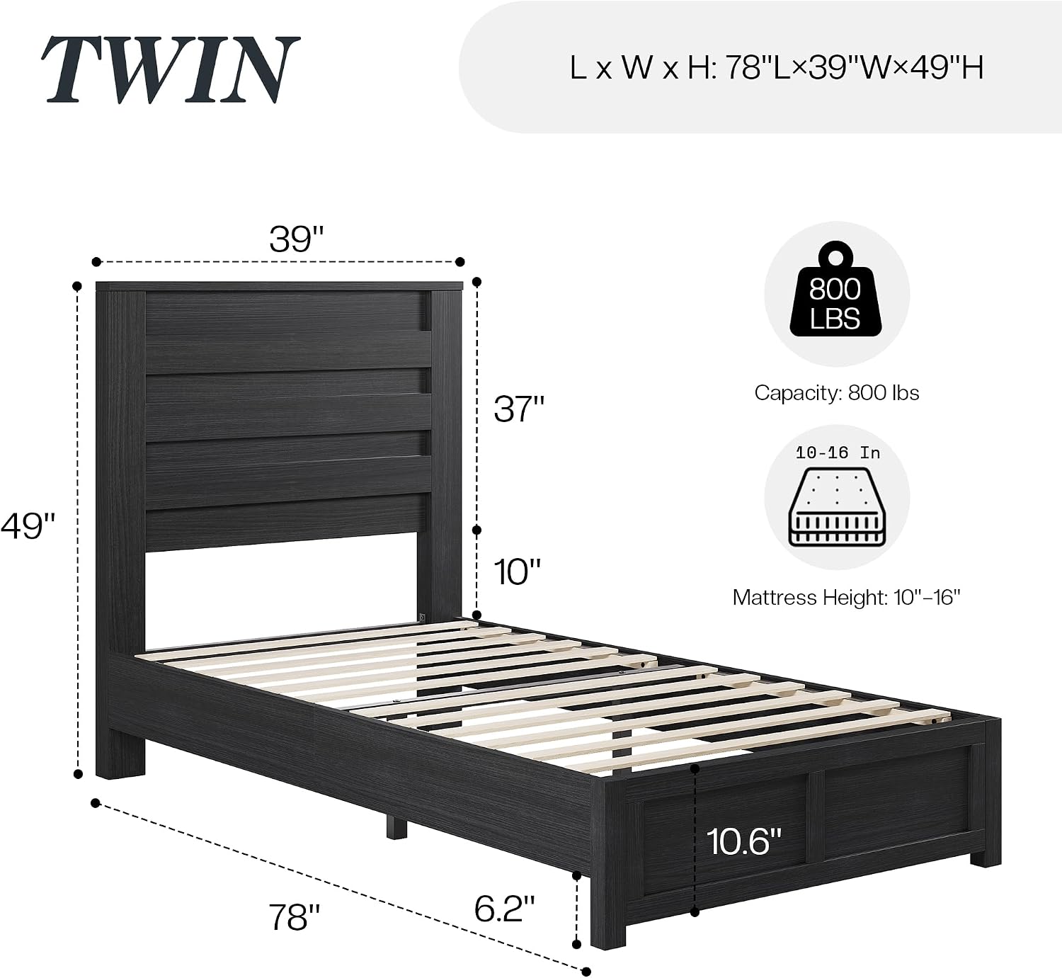 Albott Farmhouse Twin Platform Bed with 49' Fluted Headboard, Wood Bed Frame with Natural Grain Finish, No Box Spring Needed, Noise-Free, Black