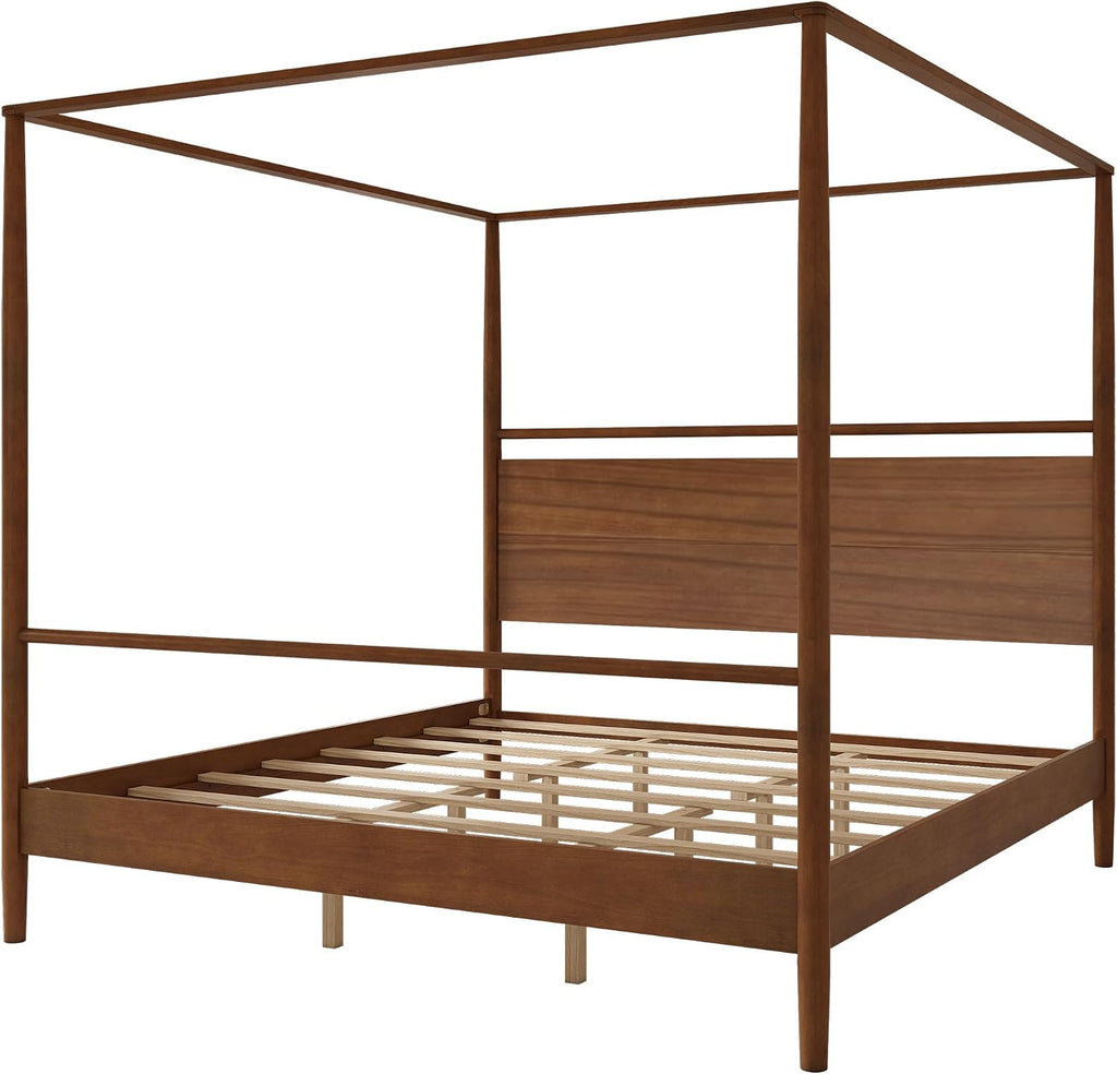 King Size Canopy Bed Frame with Headboard, Four-Poster Wood Platform Bed, No Box Spring Needed (King)