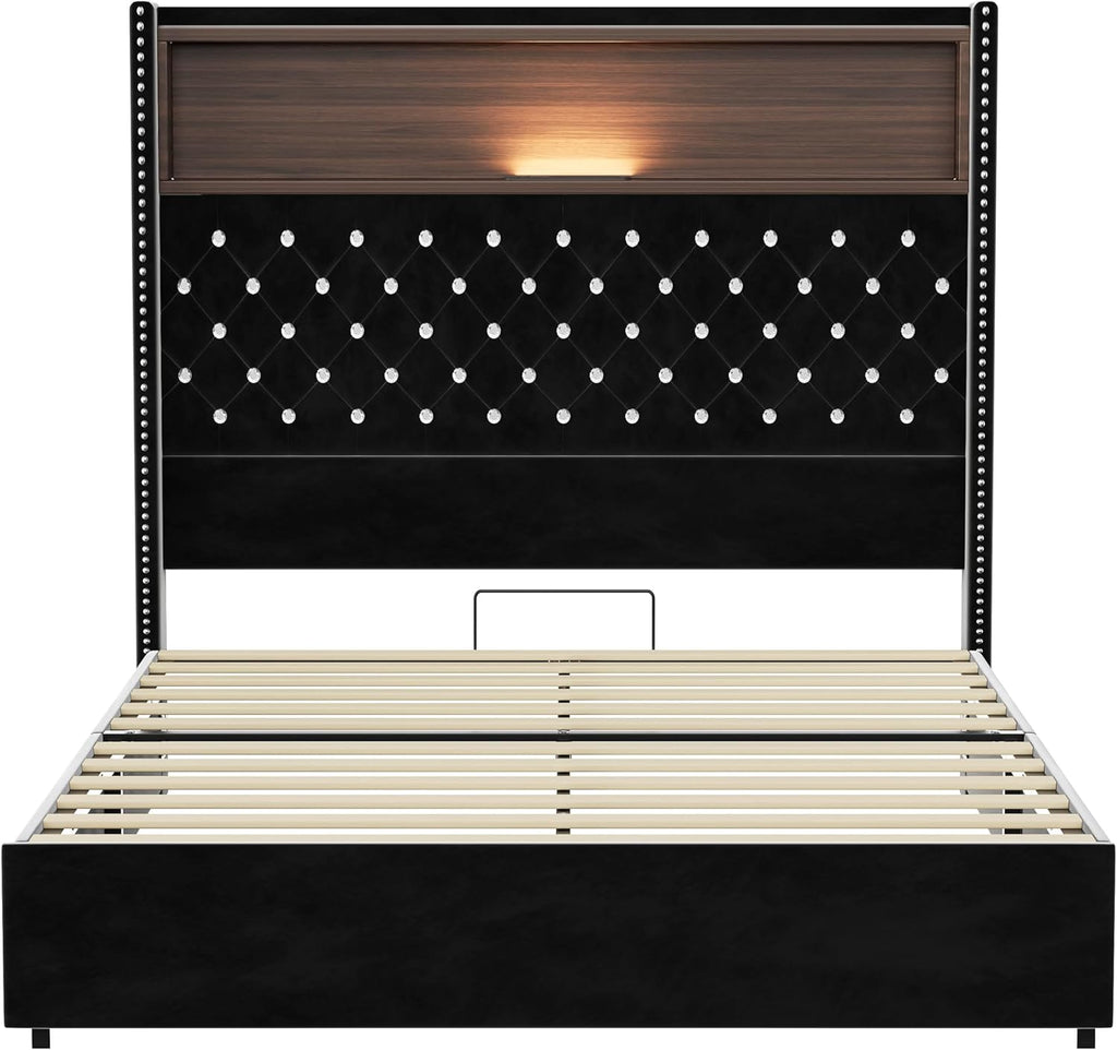 JIVOIT Full Size Bed Frame with Storage, Velvet Tufted Soft Bed Frame with 52'' High Headboard with Rivet Decoration, Wing-Back Platform Bed with Headboard Shelf, No Box Spring Needed (Black,Full,42)