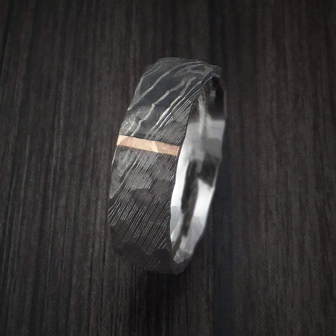 Damascus KE-207-AT Steel Ring Custom and Handmade Ring Hammer Finish Vertical Copper Inlay Steel Fathers Day Ring Wedding Band Rings (Color Might be Slightly Different)