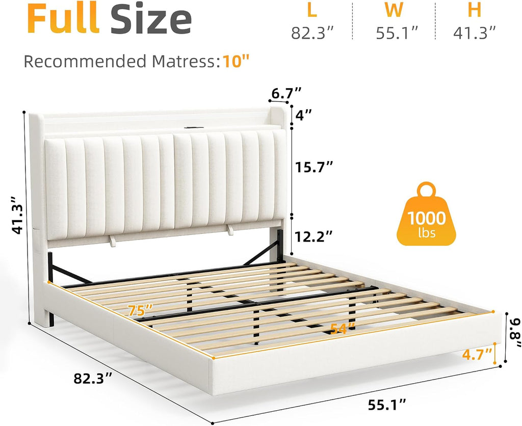 Jocoevol Full Size Floating Bed Frame with Ergonomic Hidden Storage Headboard and LED Lights, Visual Floating LED Bed Frame with Charing Station, Velvet Upholstered Platform Bed, Heavy Duty, White